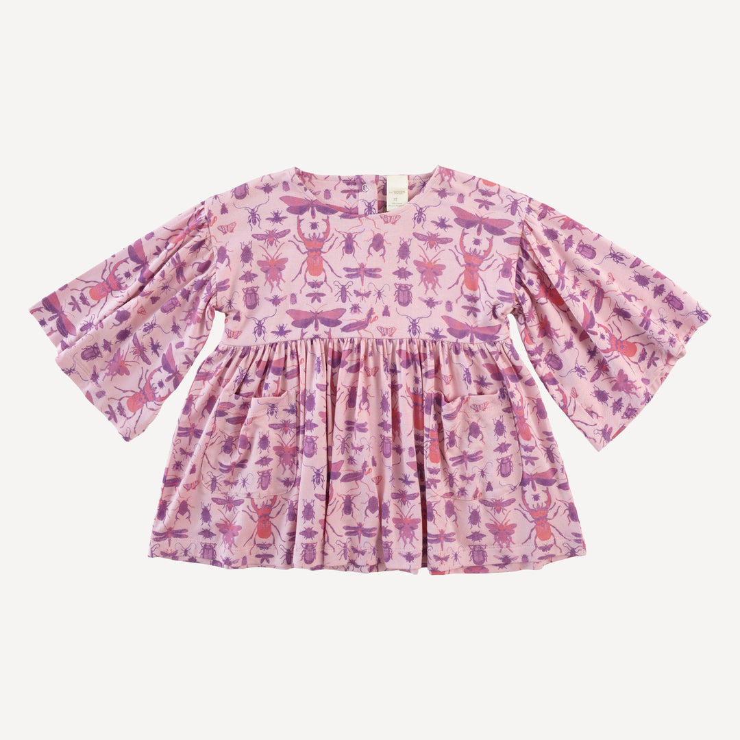 bell sleeve gathered tunic | pink insects | modal