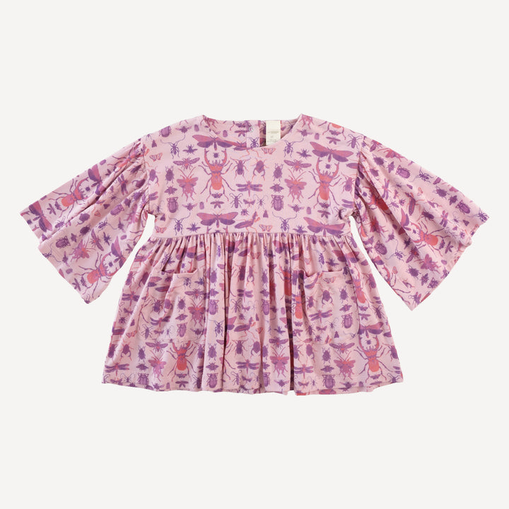 bell sleeve gathered tunic | pink insects | modal