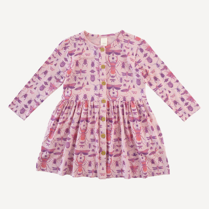 long sleeve button dress | pink insects | modal