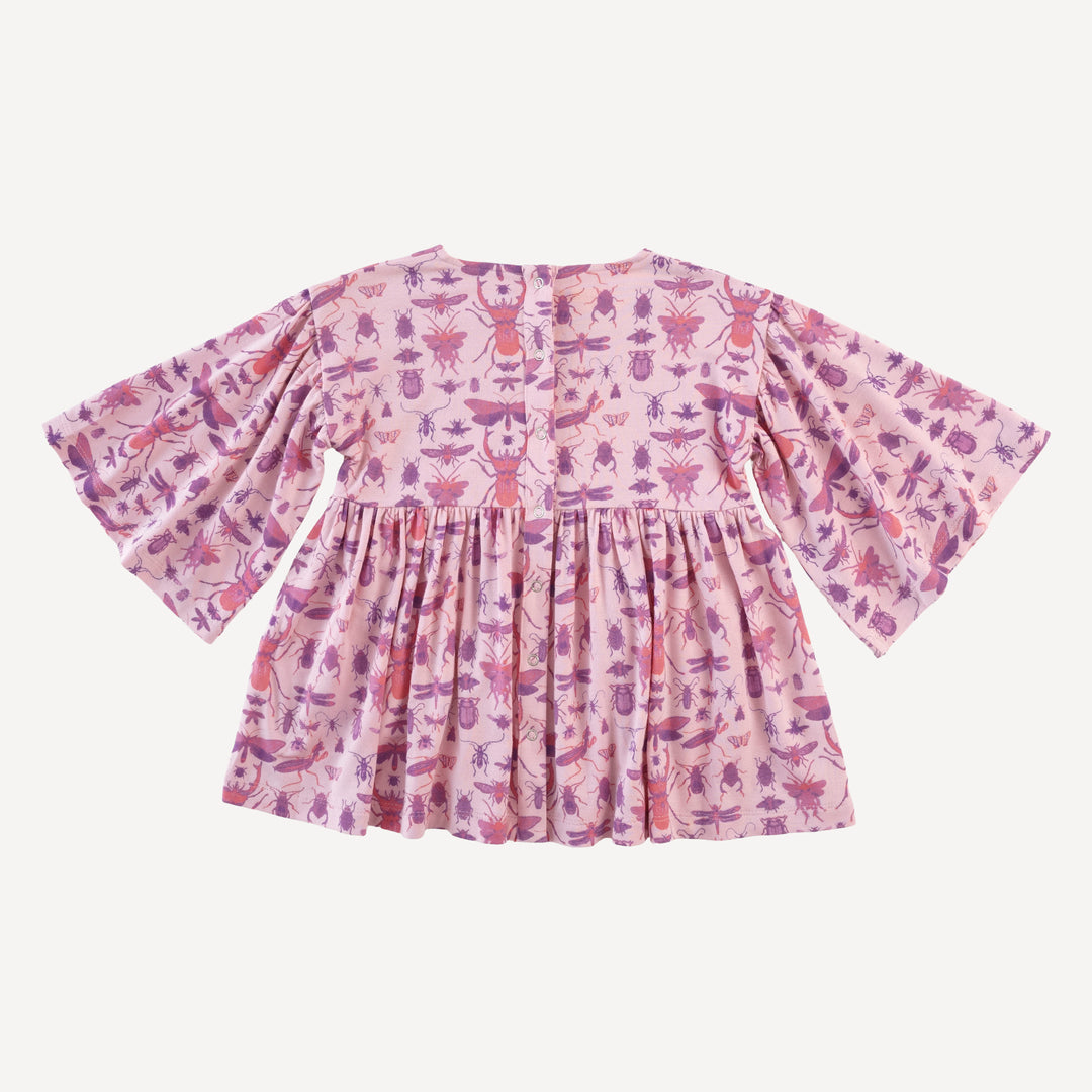 bell sleeve gathered tunic | pink insects | modal
