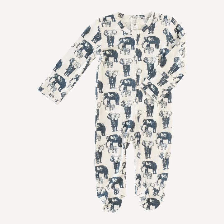 long sleeve zipper footie | indigo elephants | lenzing modal