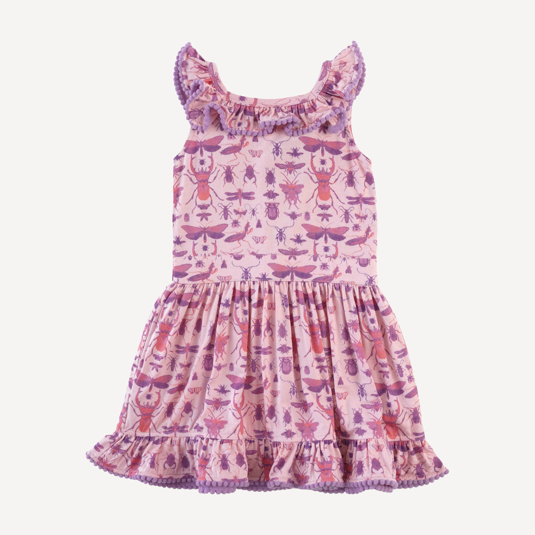 sleeveless square neck ruffle pom pom dress | pink insects | modal
