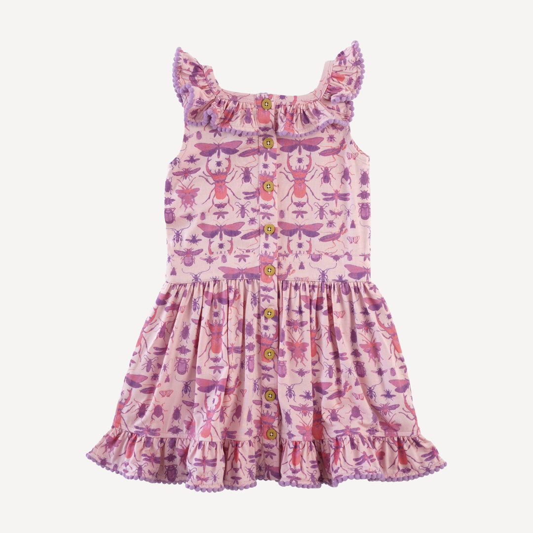 sleeveless square neck ruffle pom pom dress | pink insects | modal
