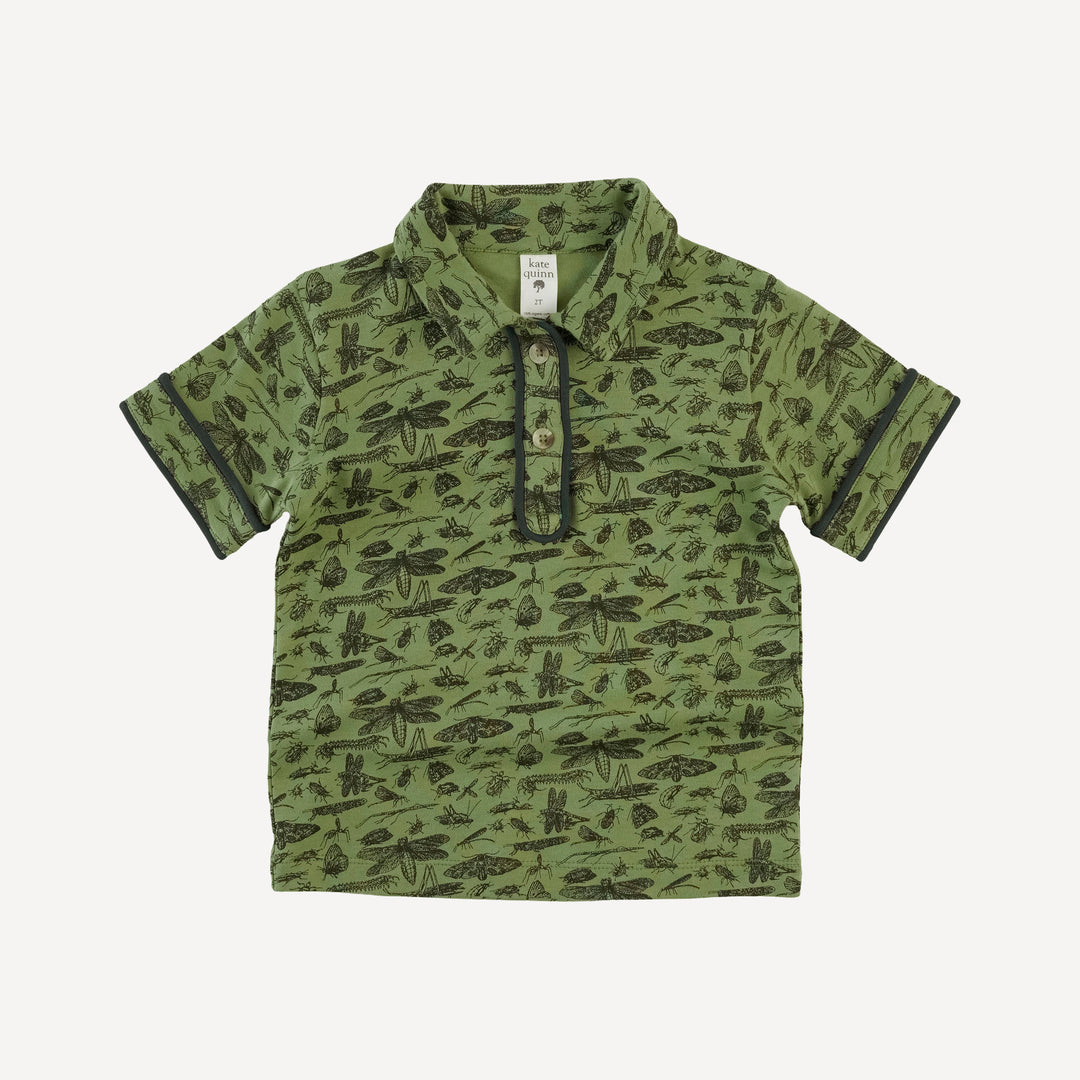 short sleeve piped polo tee | forest insects | organic cotton interlock