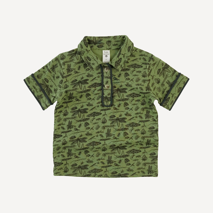 short sleeve piped polo tee | forest insects | organic cotton interlock