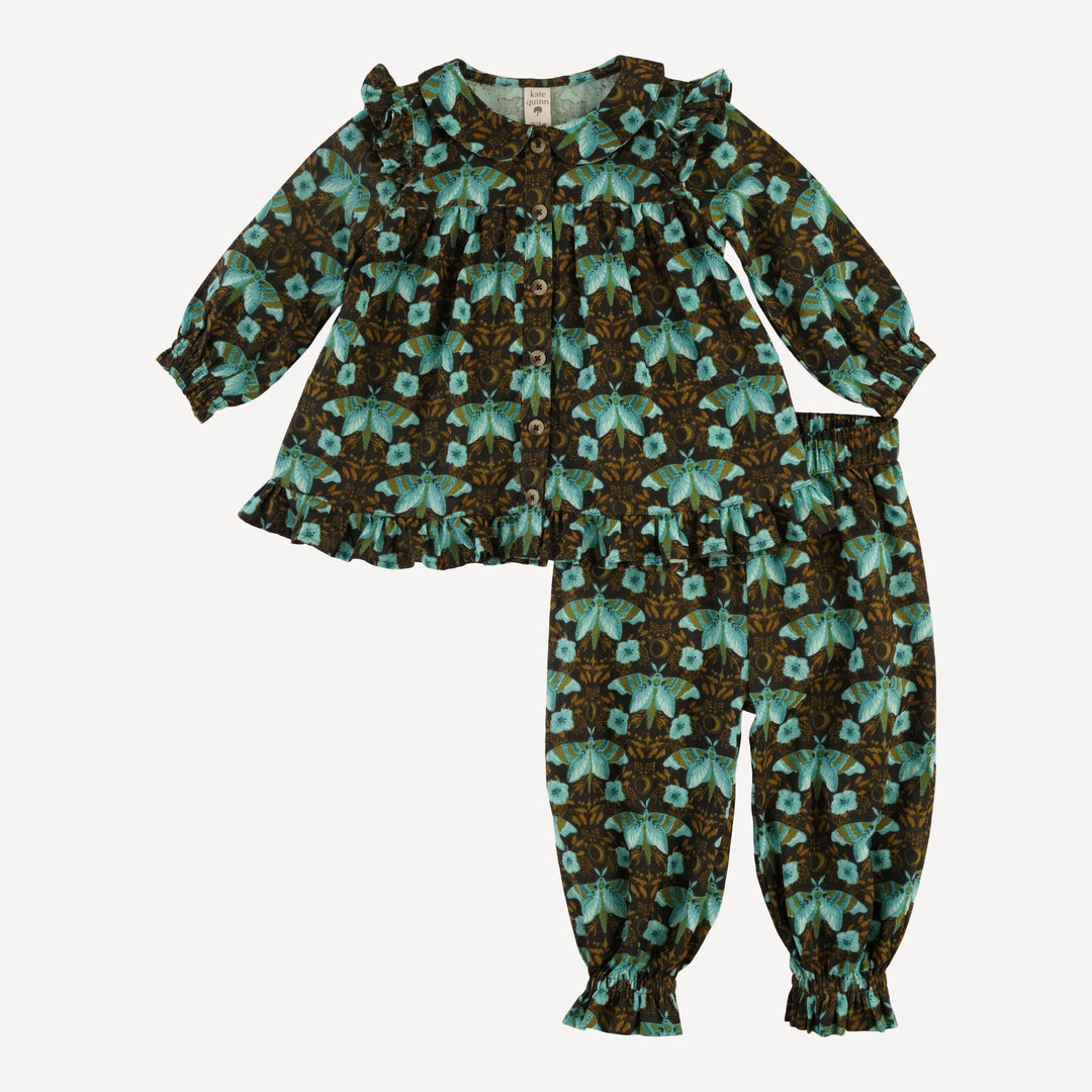long sleeve peter pan button ruffle top + gathered pant set | aqua butterfly night | organic cotton gauze