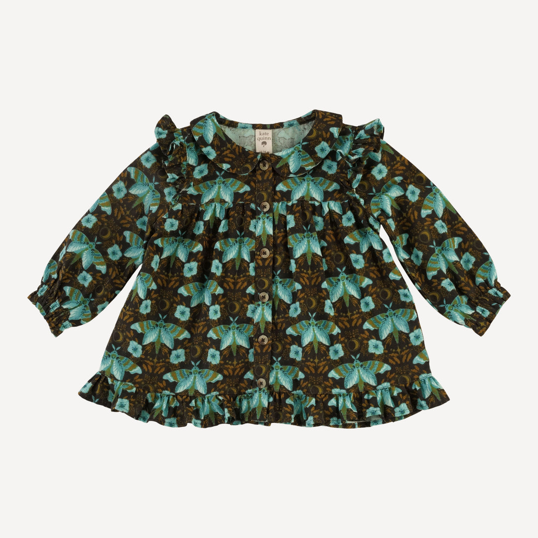 long sleeve peter pan button ruffle top + gathered pant set | aqua butterfly night | organic cotton gauze