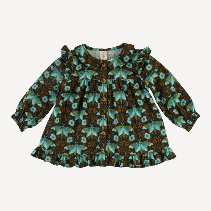 long sleeve peter pan button ruffle top + gathered pant set | aqua butterfly night | organic cotton gauze