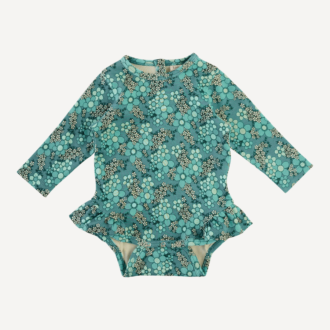 long sleeve ruffle leg bodysuit | aqua granny floral | organic cotton interlock