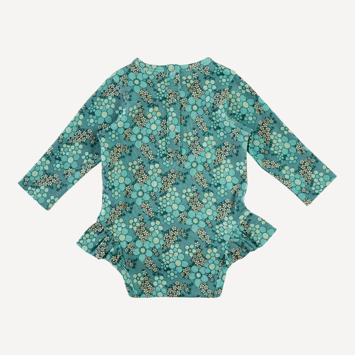 long sleeve ruffle leg bodysuit | aqua granny floral | organic cotton interlock