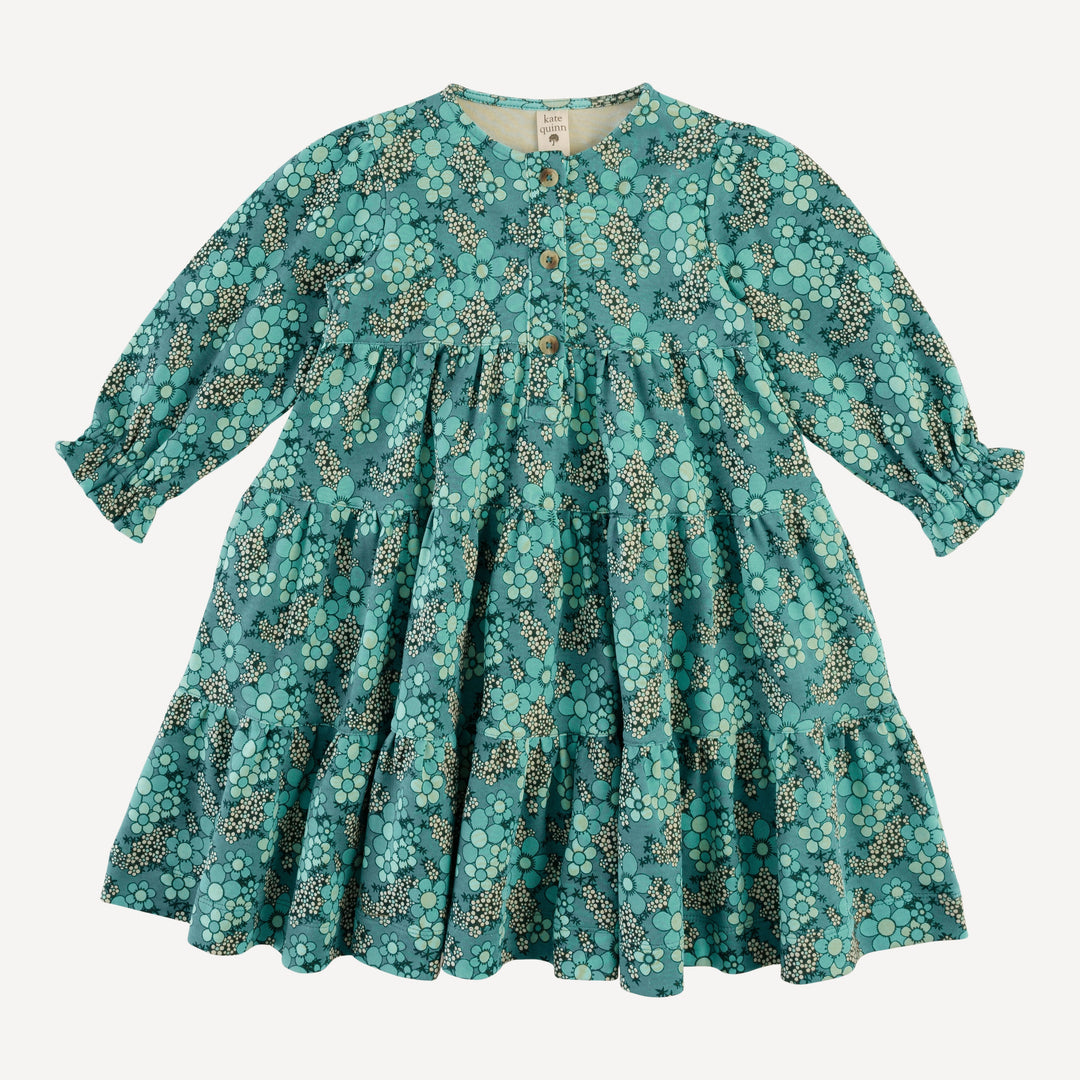 long sleeve prairie dress | aqua granny floral | organic cotton interlock