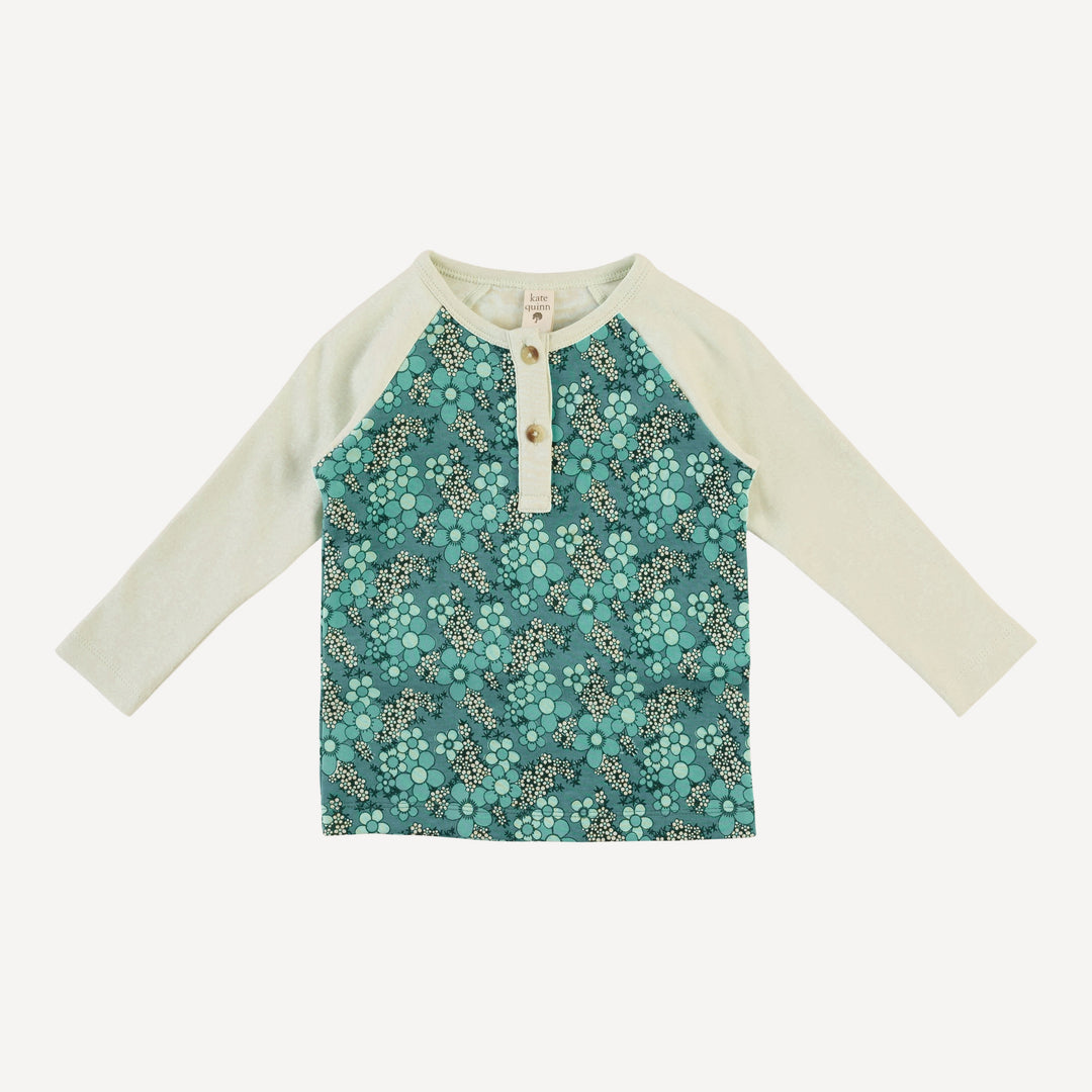 long sleeve baseball tee | aqua granny floral | organic cotton interlock