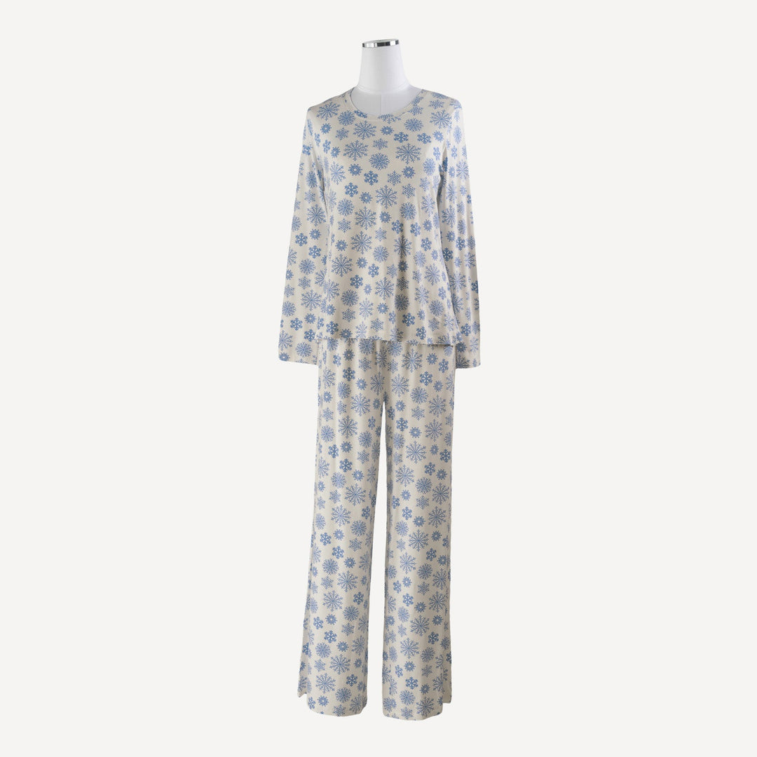 womens long sleeve crew neck pj set | blue snowflake | bamboo