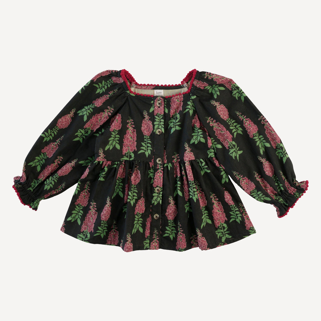 long sleeve gathered waist pom pom top | red foxglove | organic cotton gauze