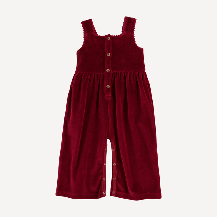 sleeveless gathered waist pom pom gaucho jumpsuit | berry basket | organic cotton velour