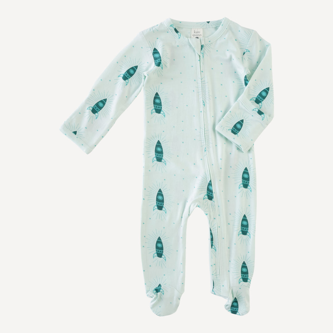 long sleeve zipper footie | turquoise rocket | lenzing modal