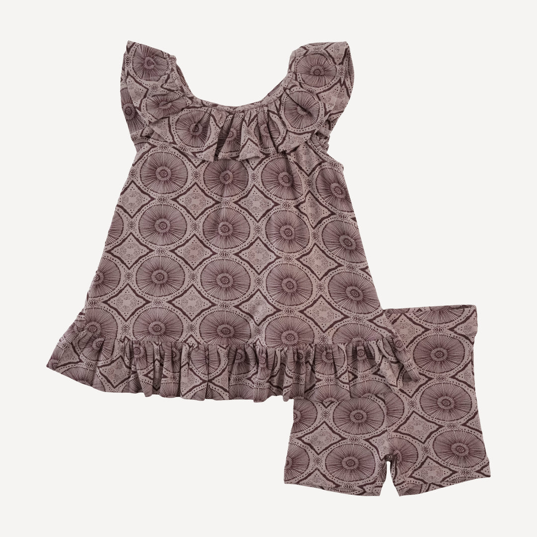 pinafore ruffle dress + bike short set | doe batik | modal