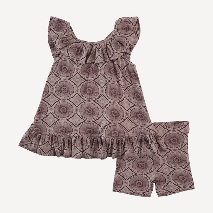 pinafore ruffle dress + bike short set | doe batik | modal
