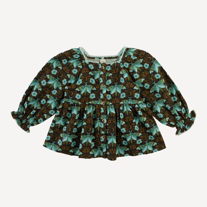 long sleeve gathered waist pom pom top | aqua butterfly night | organic cotton gauze