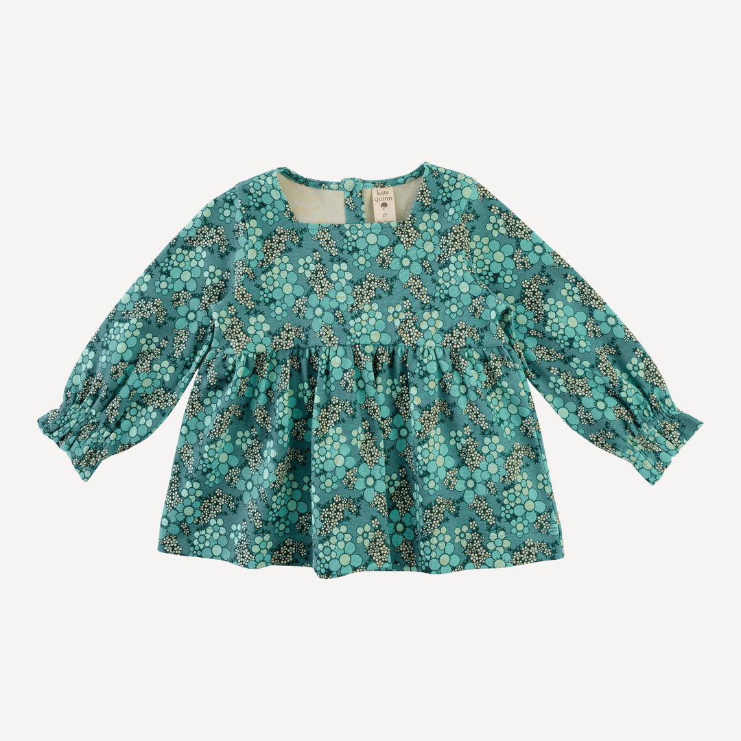 long sleeve square neck top | aqua granny floral | organic cotton interlock