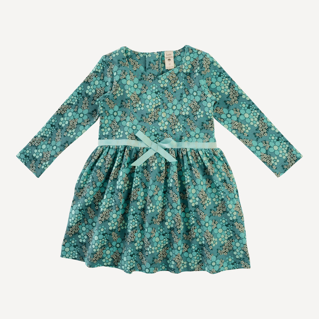 long sleeve skinny bow dress | aqua granny floral | organic cotton interlock