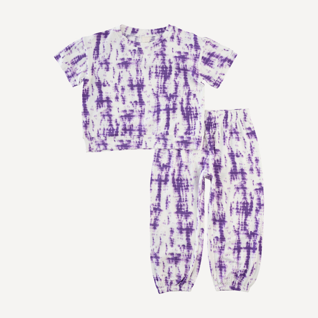 short sleeve relaxed jogger set | lavender shibori | modal