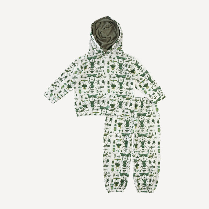 long sleeve boxy topstitch hoodie + relaxed jogger set | green insects | modal
