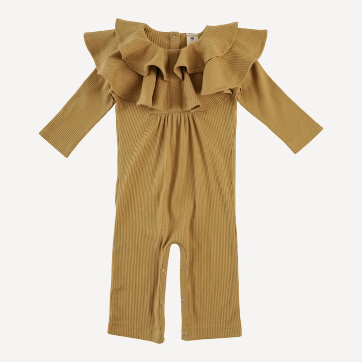 long sleeve double ruffle neck jumpsuit | fennel | organic cotton single rib