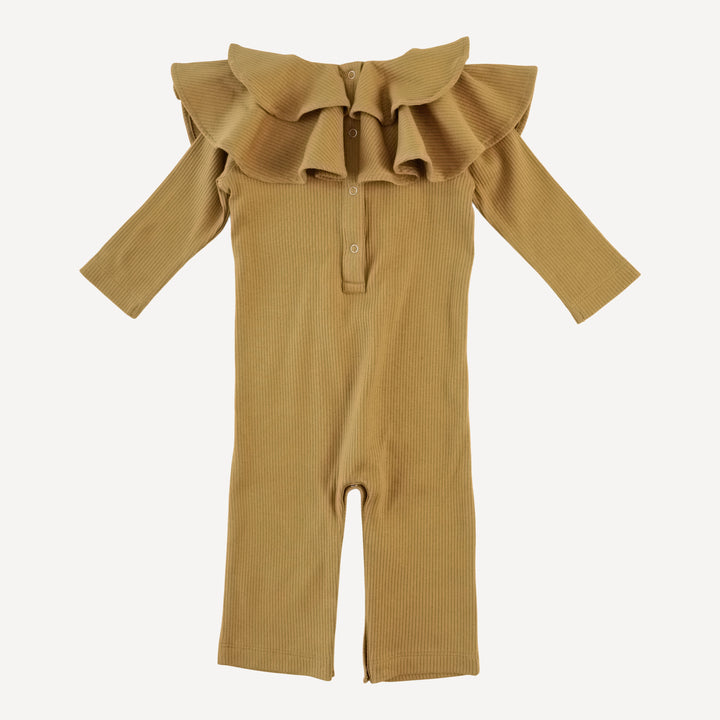 long sleeve double ruffle neck jumpsuit | fennel | organic cotton single rib