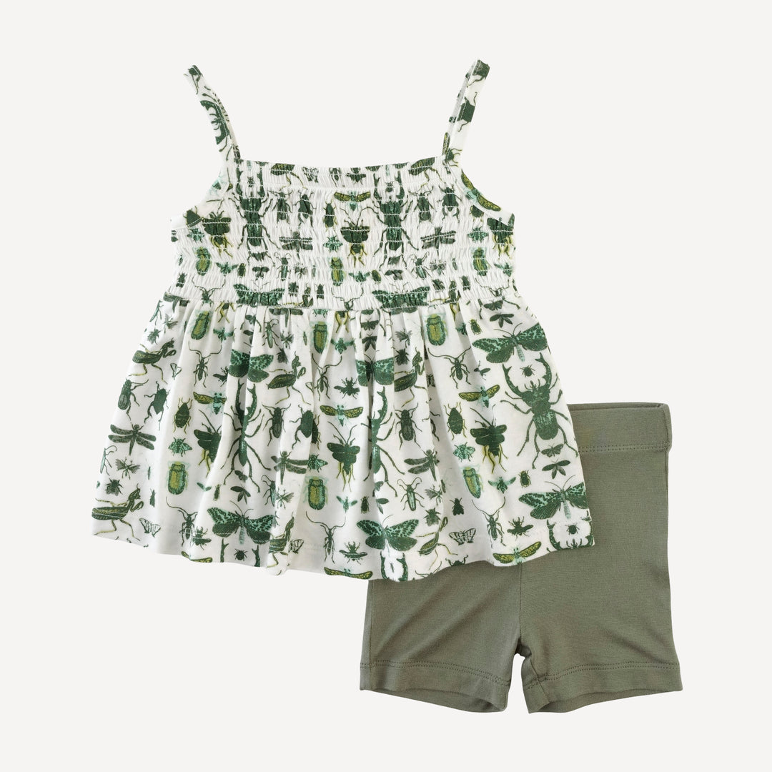 spaghetti strap smocked top + bike short set | green insects | modal
