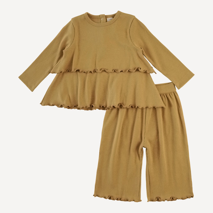 long sleeve double ruffle top + lettuce pant set | fennel | organic cotton single rib