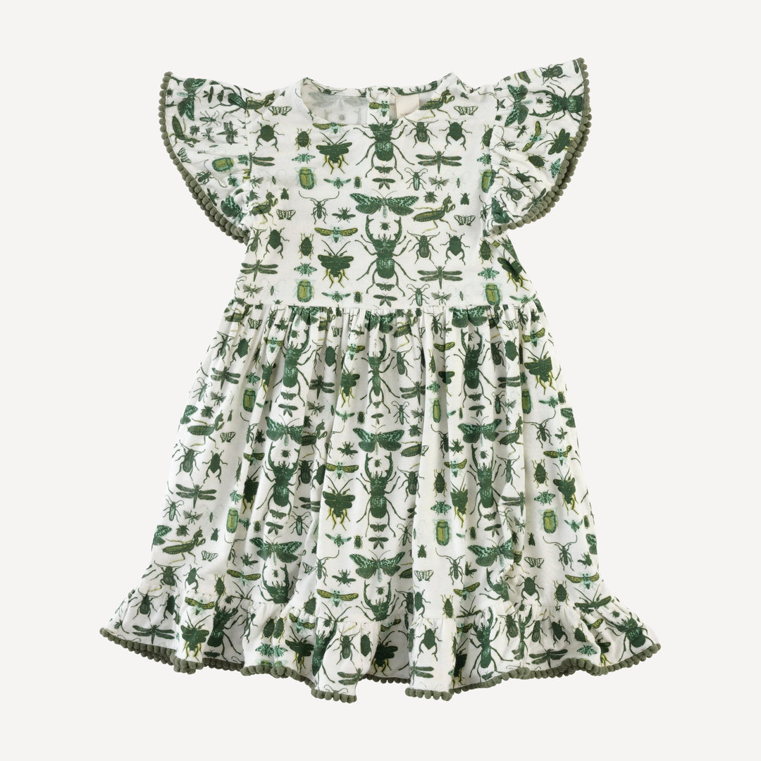 flutter sleeve pinafore pom pom dress | green insects | modal