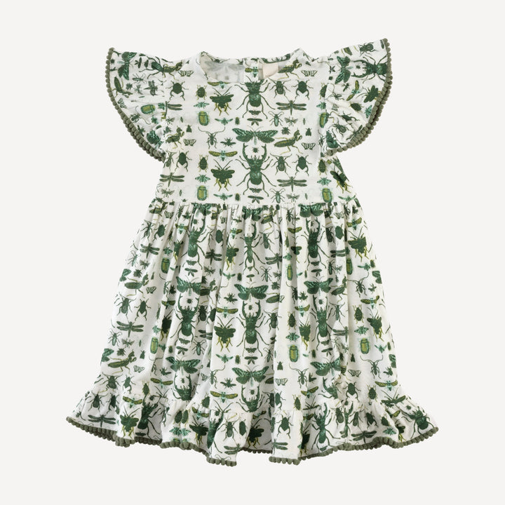 flutter sleeve pinafore pom pom dress | green insects | modal