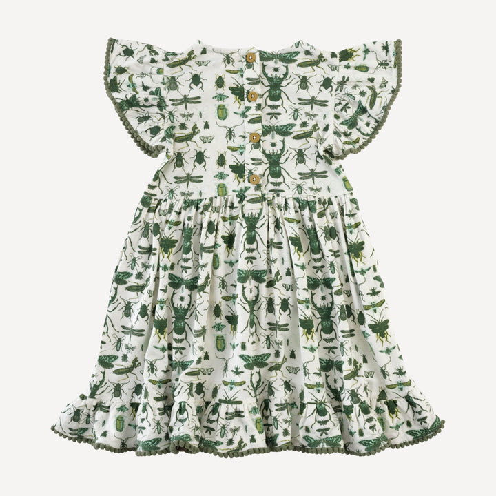 flutter sleeve pinafore pom pom dress | green insects | modal