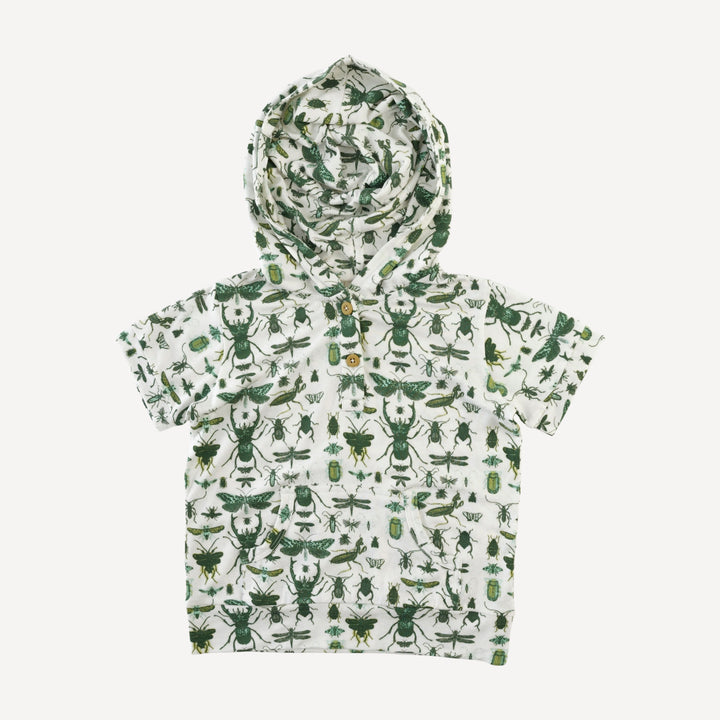 short sleeve henley hoodie | green insects | modal