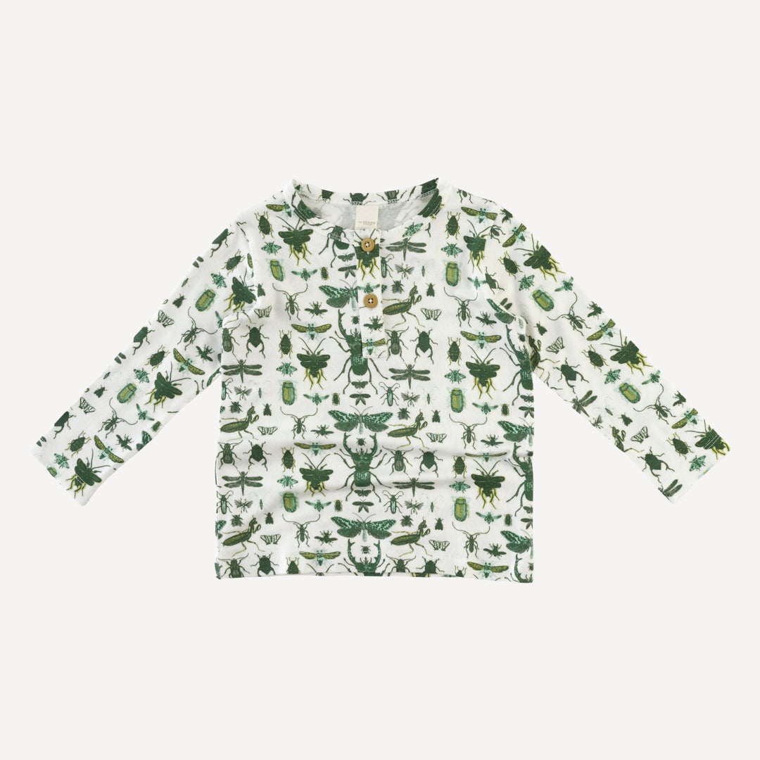long sleeve basic henley tee | green insects | modal