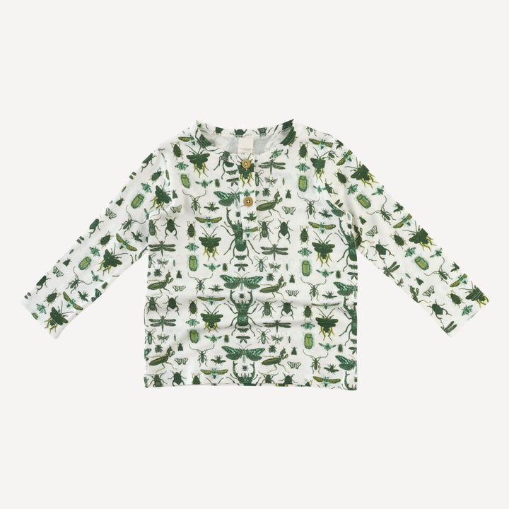 long sleeve basic henley tee | green insects | modal