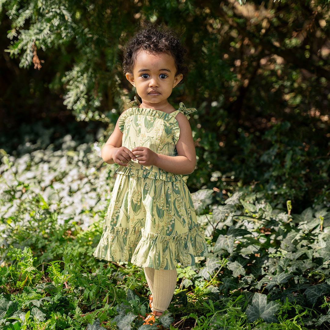 spaghetti tie ruffle dress | lily of the valley | organic cotton mid-weight woven