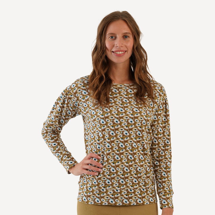 womens drop sleeve sweatshirt | blue daisy garden | organic cotton interlock