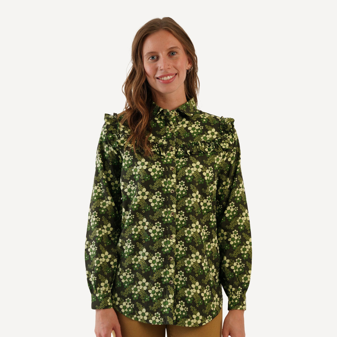 womens goldilocks shirt | green granny floral | organic cotton gauze