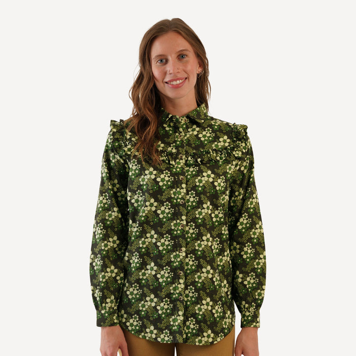 womens goldilocks shirt | green granny floral | organic cotton gauze
