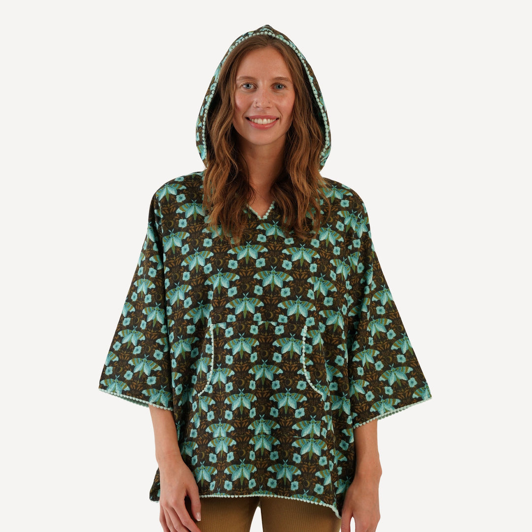 womens kanga pocket pom pom hoodie | aqua butterfly night | organic cotton gauze