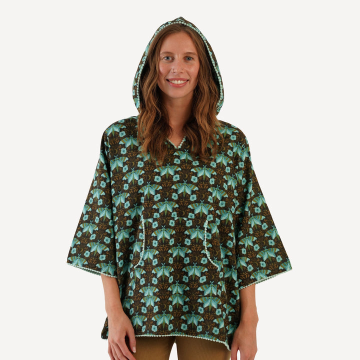 womens kanga pocket pom pom hoodie | aqua butterfly night | organic cotton gauze