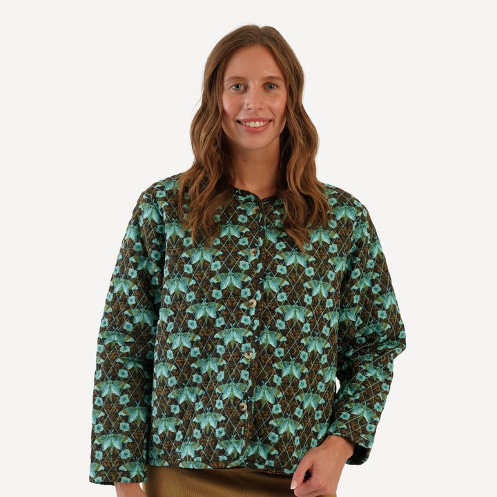 womens quilted cardigan | aqua butterfly night | organic cotton gauze