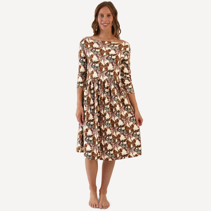 womens 3/4 sleeve patch pocket dress | moth wallpaper | organic cotton interlock