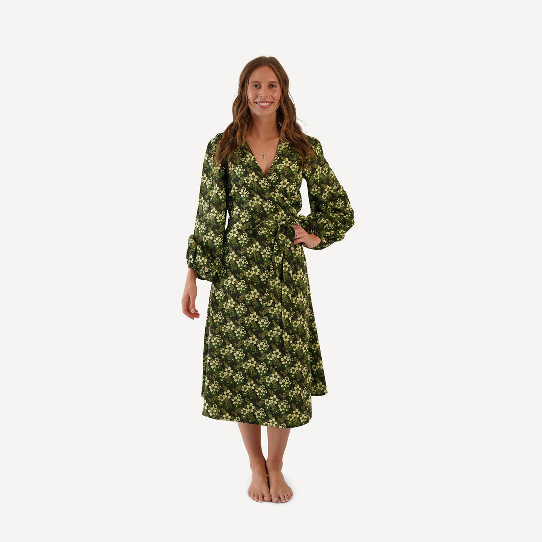 womens balloon sleeve wrap dress | green granny floral | organic cotton gauze