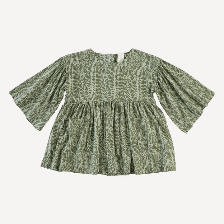 bell sleeve gathered tunic | green fern frond | modal