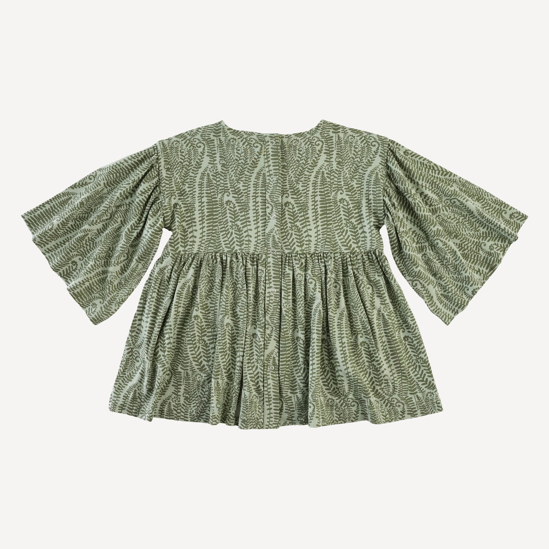 bell sleeve gathered tunic | green fern frond | modal