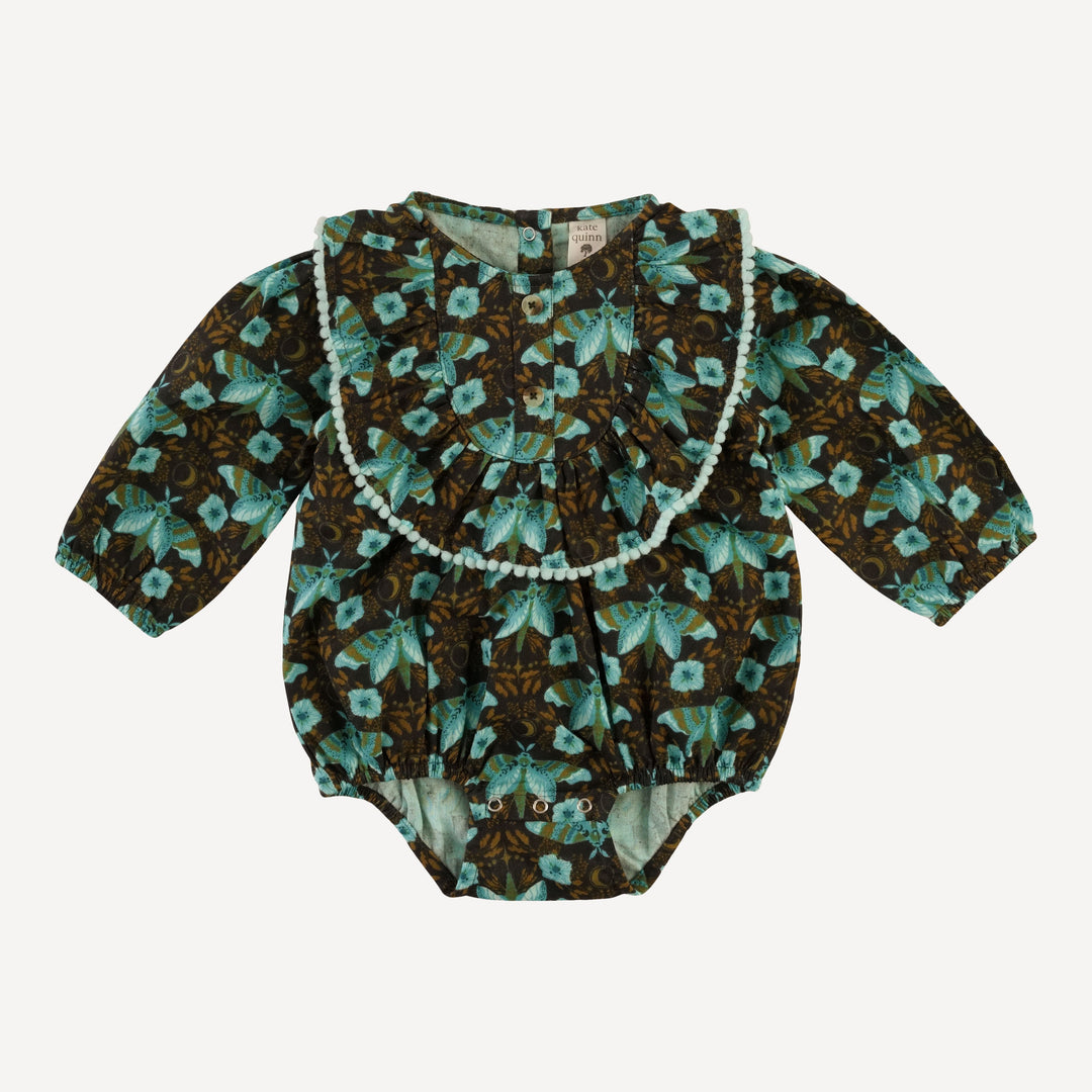 long sleeve ruffle button pom pom bubble | aqua butterfly night | organic cotton gauze