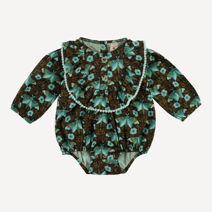 long sleeve ruffle button pom pom bubble | aqua butterfly night | organic cotton gauze